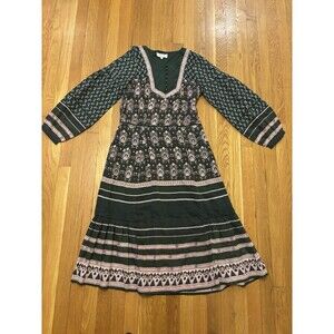 SEA NY Green Pink Paisley Long Sleeve Boho Midi Dress Button Up Size 10